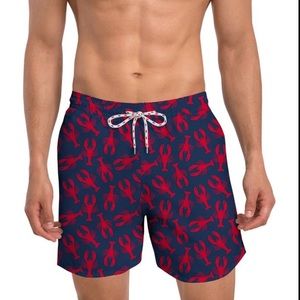 Nick Graham Lobster Swim Trunks Shorts Lined Navy Red 6” Inch Inseam